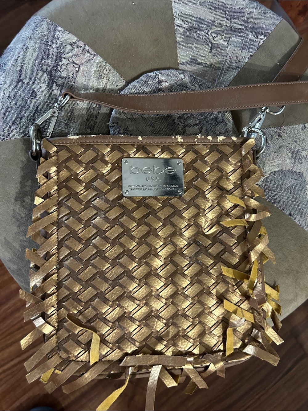 bebe Metallic Gold Woven Fringe Crossbody Bag